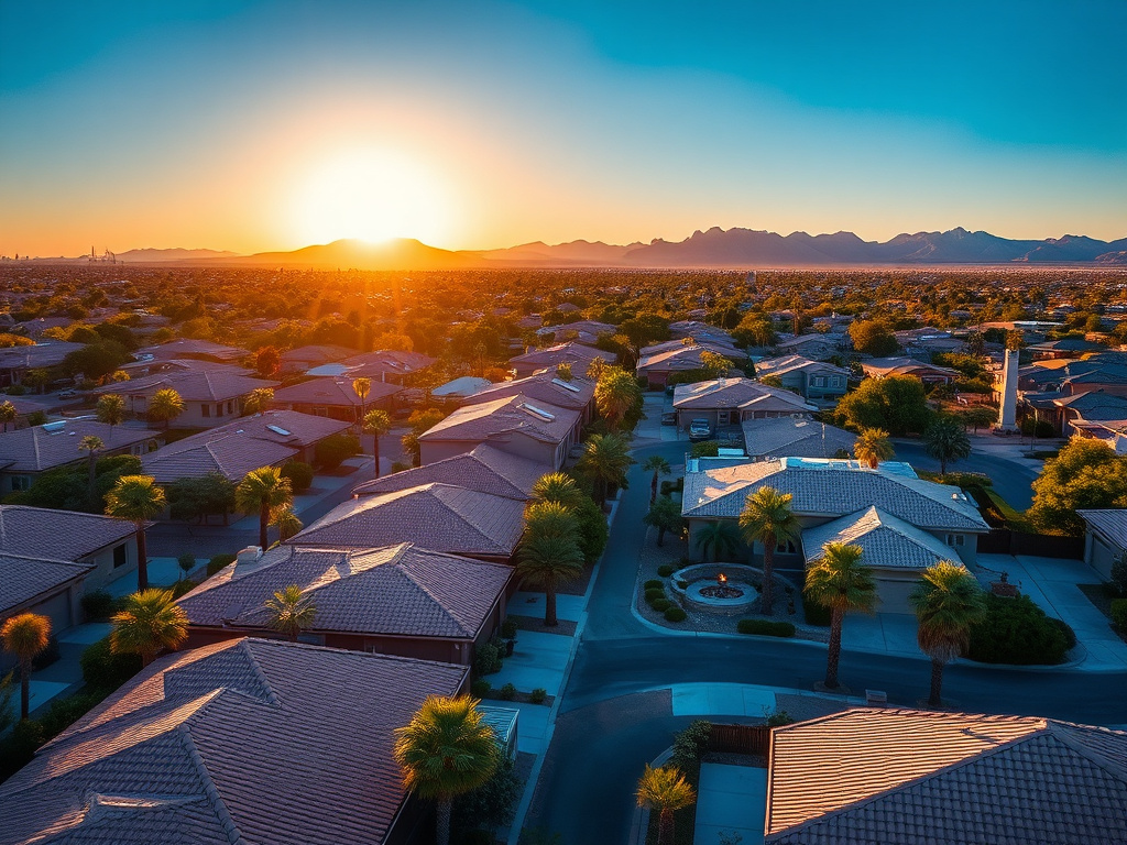 Aerial view of a Phoenix Arizona suburban neighborhood at golden hour with desert mountains