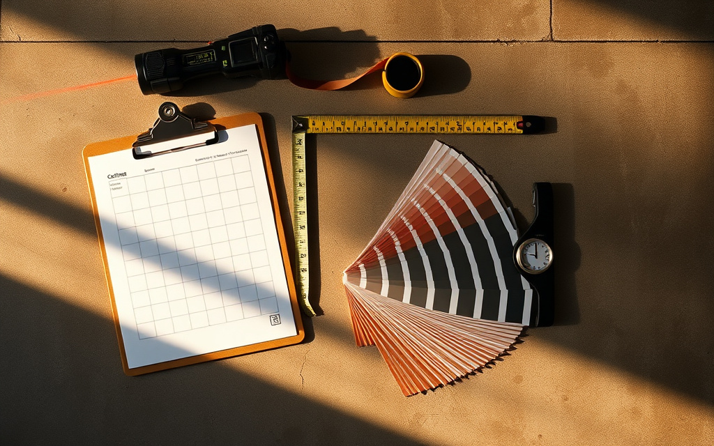 Cost planning worksheet and coating samples laid out for an Arizona floor coating estimate