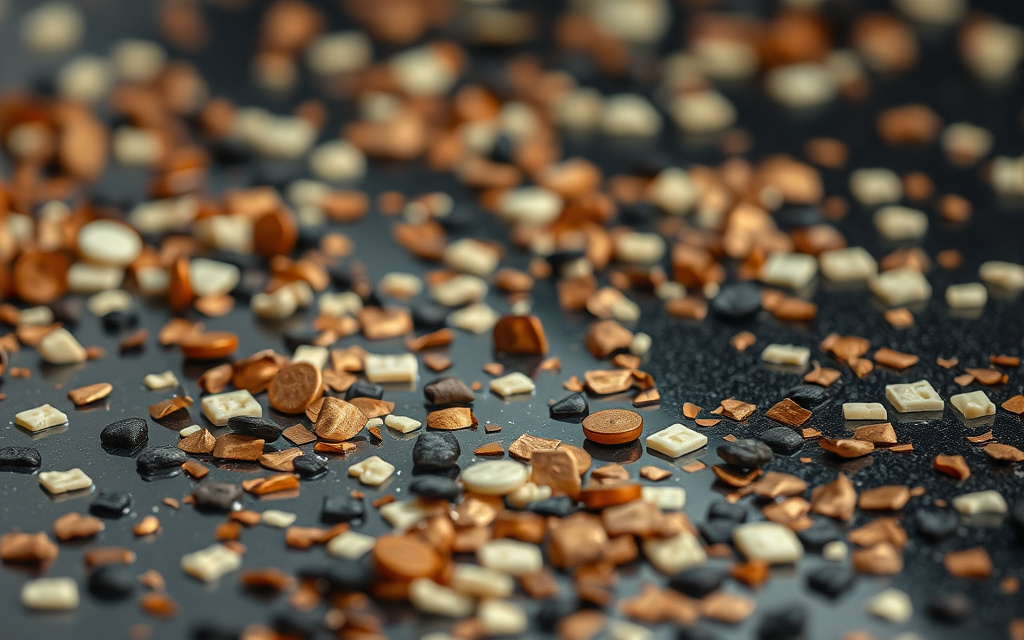 Close-up of a copper, charcoal and bone vinyl flake broadcast locked under a clear polyaspartic topcoat