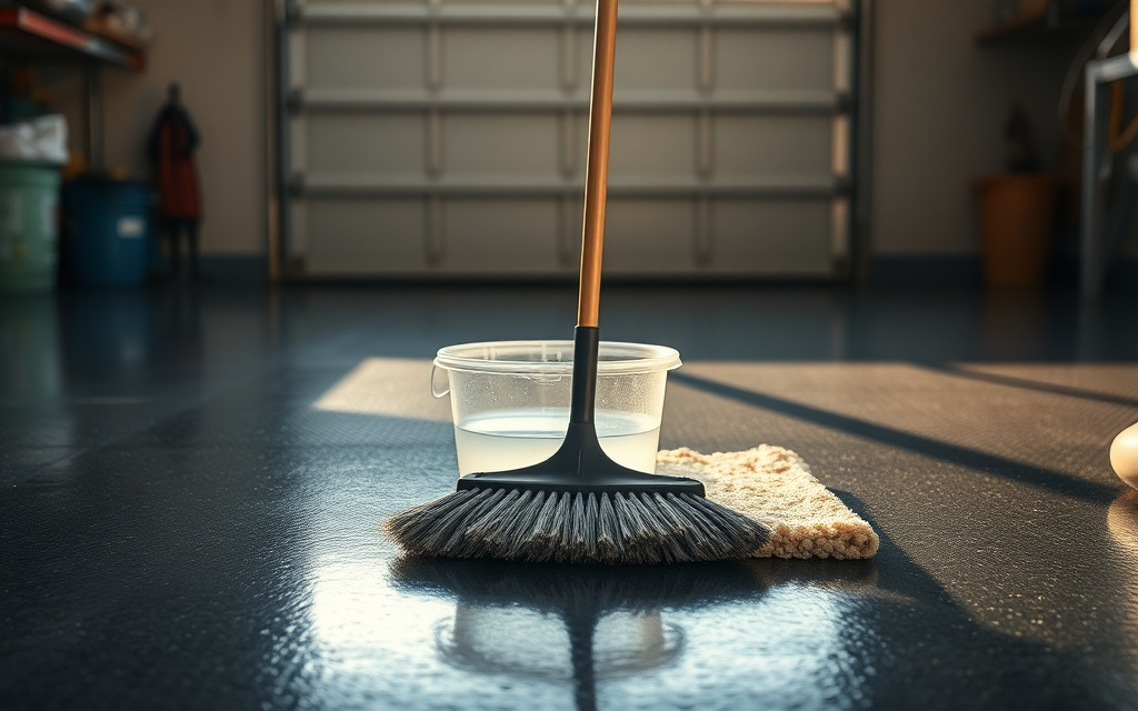 Push broom and microfiber mop resting on a gleaming polyurea coated garage floor