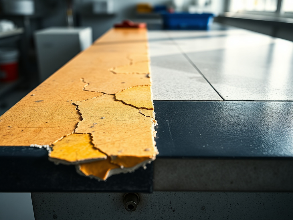 Side-by-side comparison of a failed yellowed epoxy floor sample and an intact glossy polyurea sample