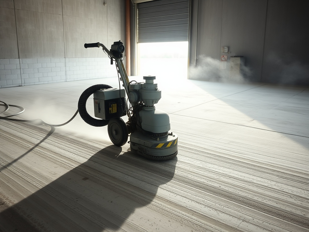 Walk-behind diamond grinder with dust shroud preparing a bare concrete slab