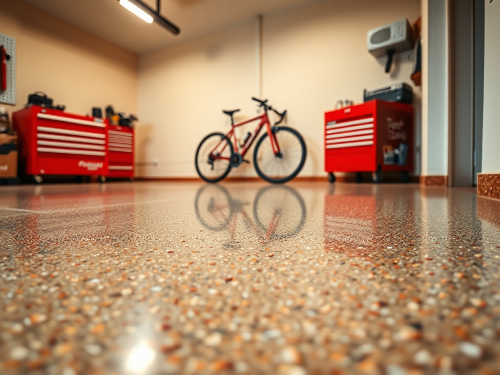 Residential Arizona garage floor finished in copper and charcoal flake polyurea coating