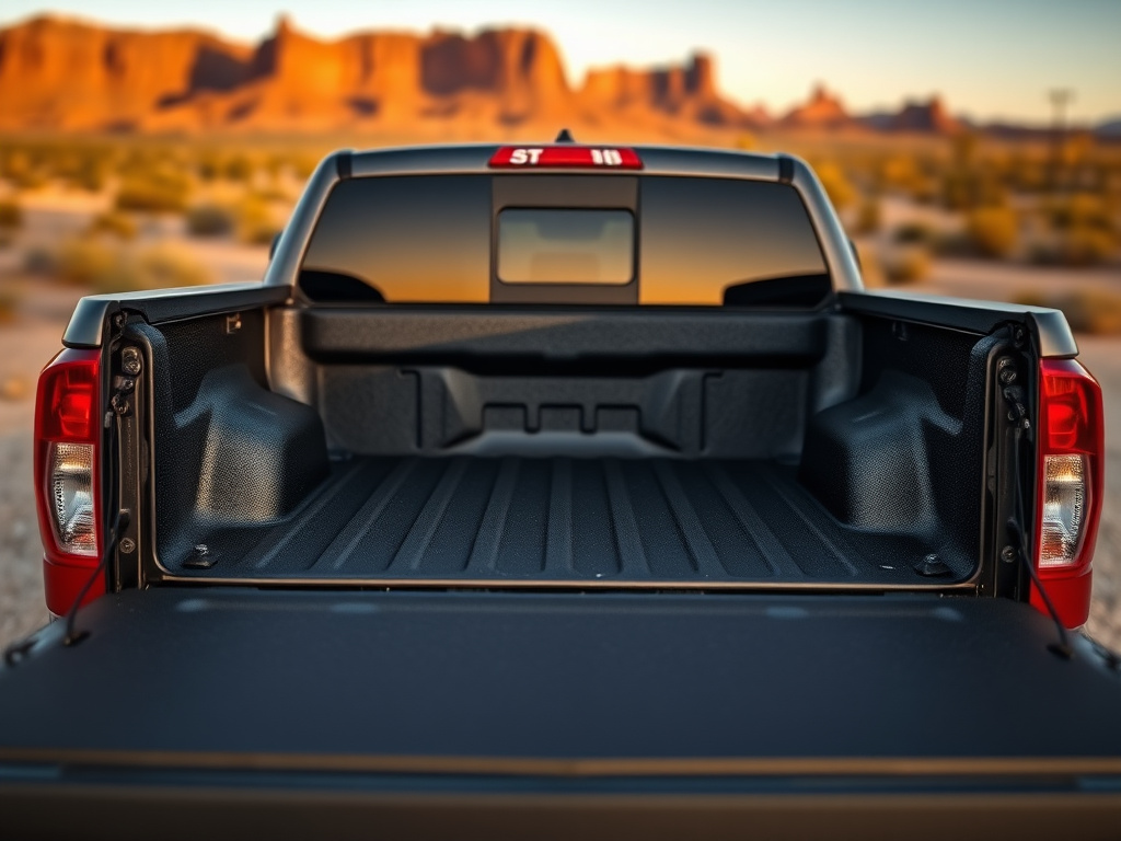 Pickup truck bed sprayed with textured black polyurea bedliner in the Arizona desert